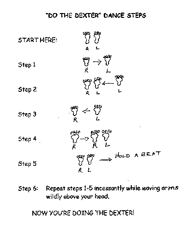 Put your left foot right and incessantly repeat steps 1 - 5 while waving your arms wildly above your head! NOW YOU'RE DOING THE DEXTER!